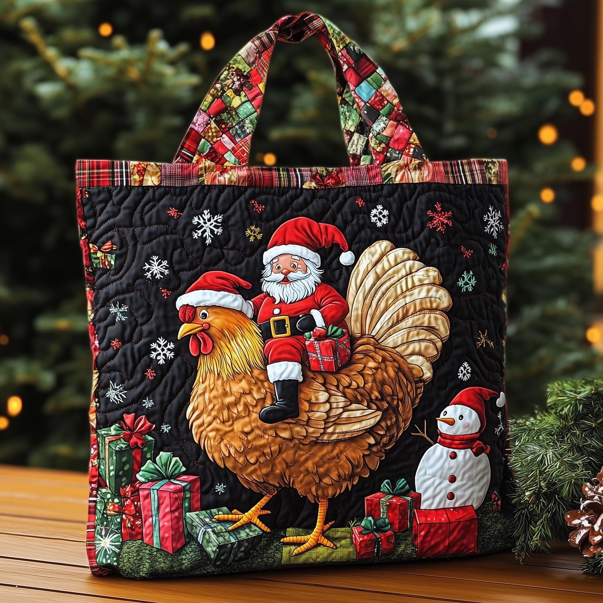 Santa On Chicken Quilted Tote