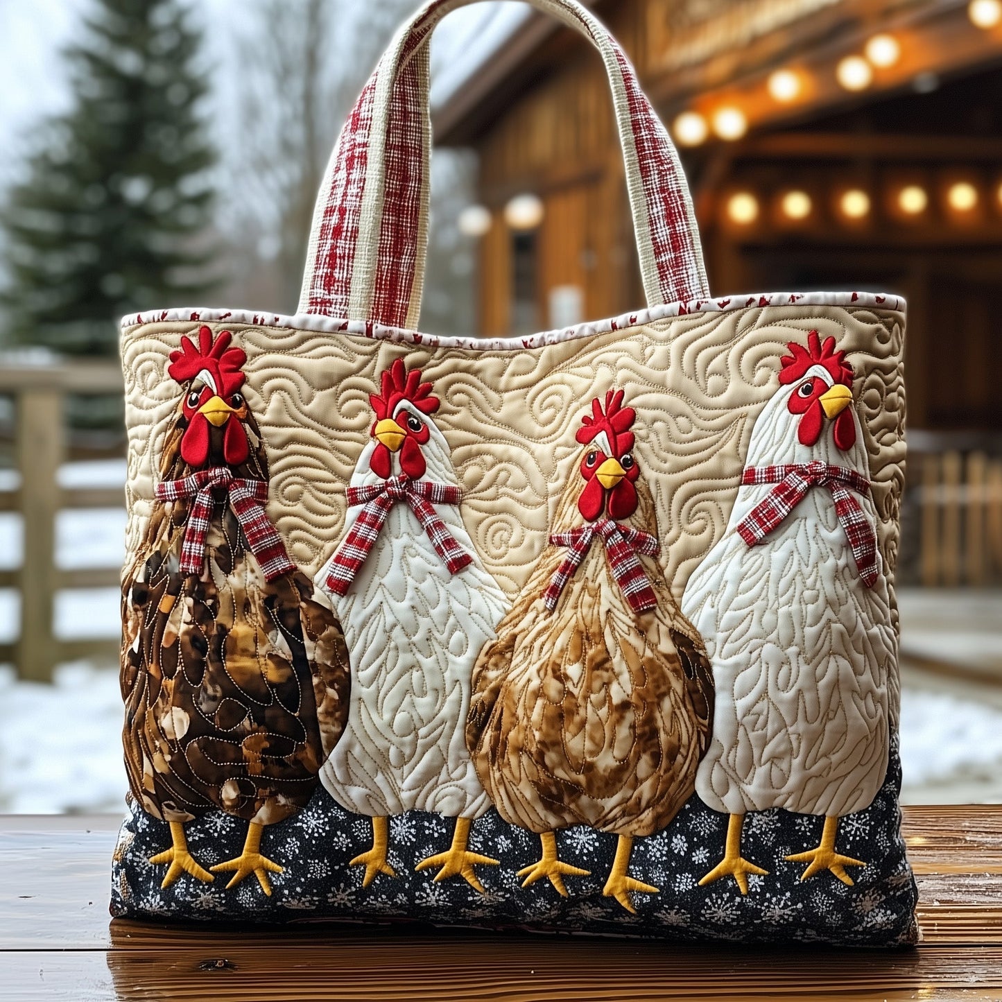 Everyday Rooster Hens Quilted Tote
