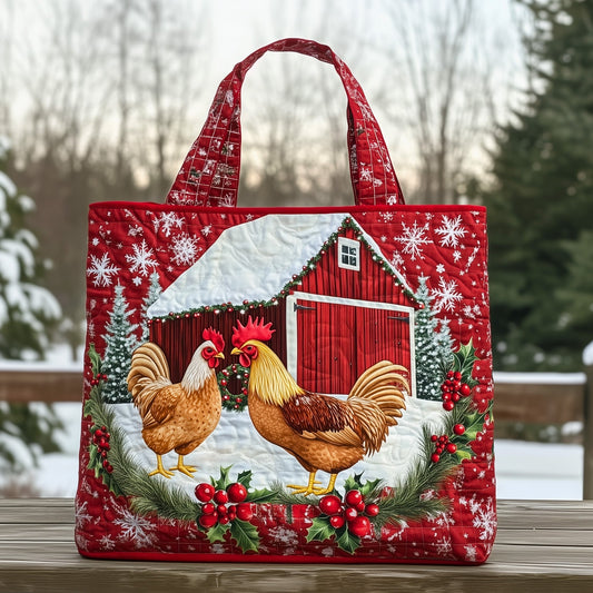Roosters Red Barn Quilted Tote