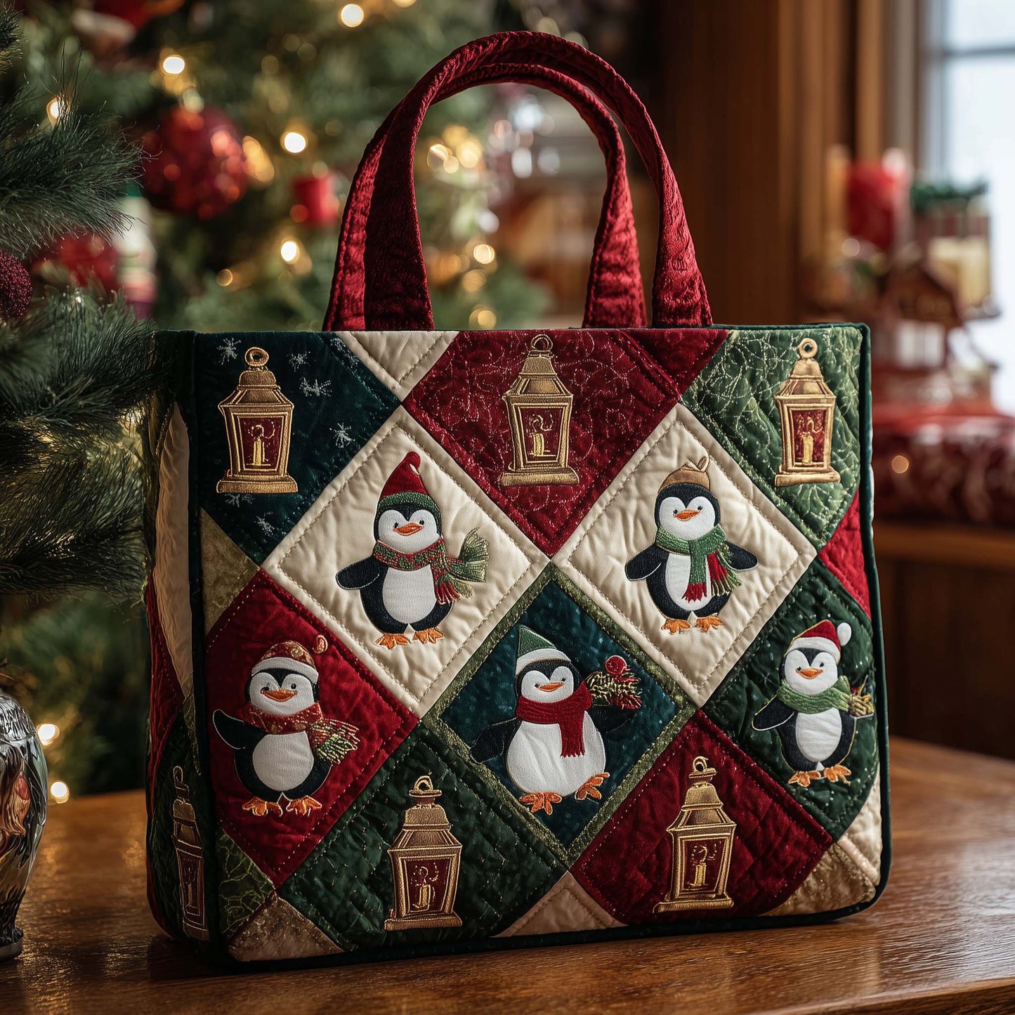 Penguins Lanterns Patchwork Quilted Tote