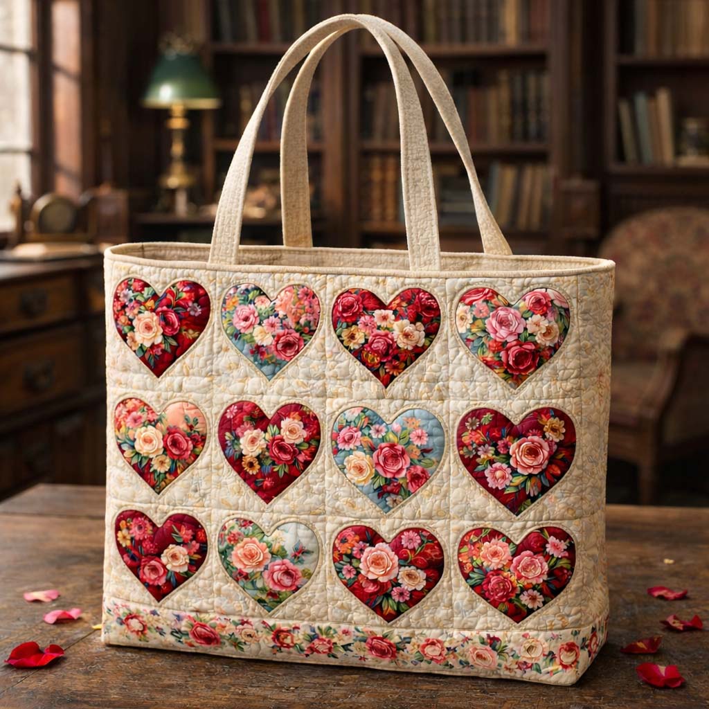 Vintage Floral Hearts Quilted Tote