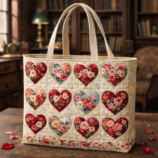 Vintage Floral Hearts Quilted Tote