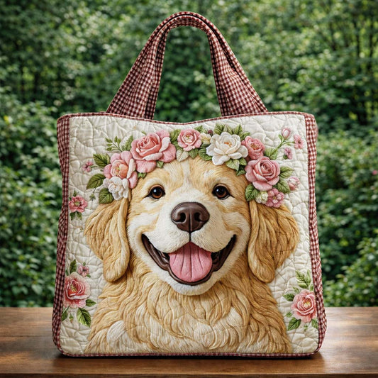 The Golden Retriever Flower Crown Quilted Tote