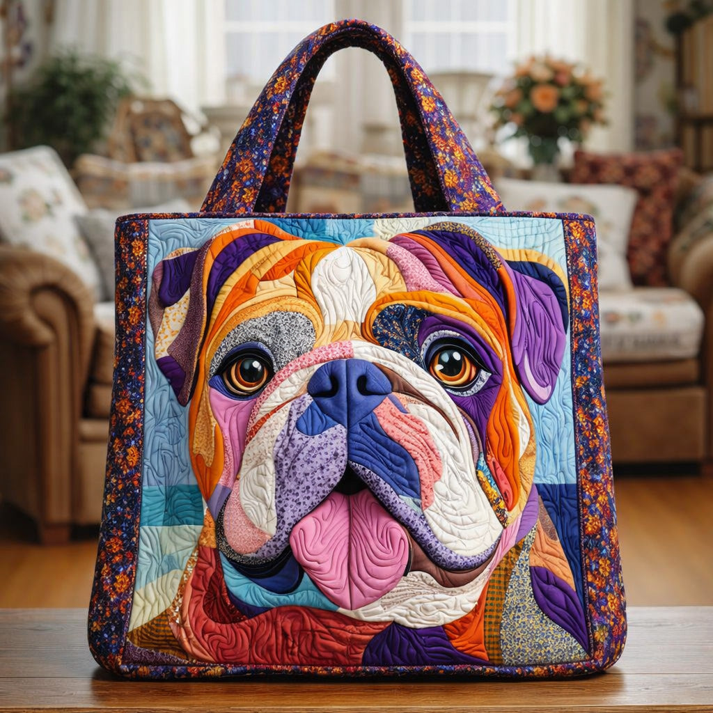 Colorful Bulldog Face Quilted Tote