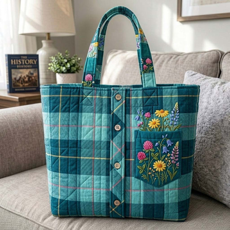 Teal Floral Patchwork Quilted Tote