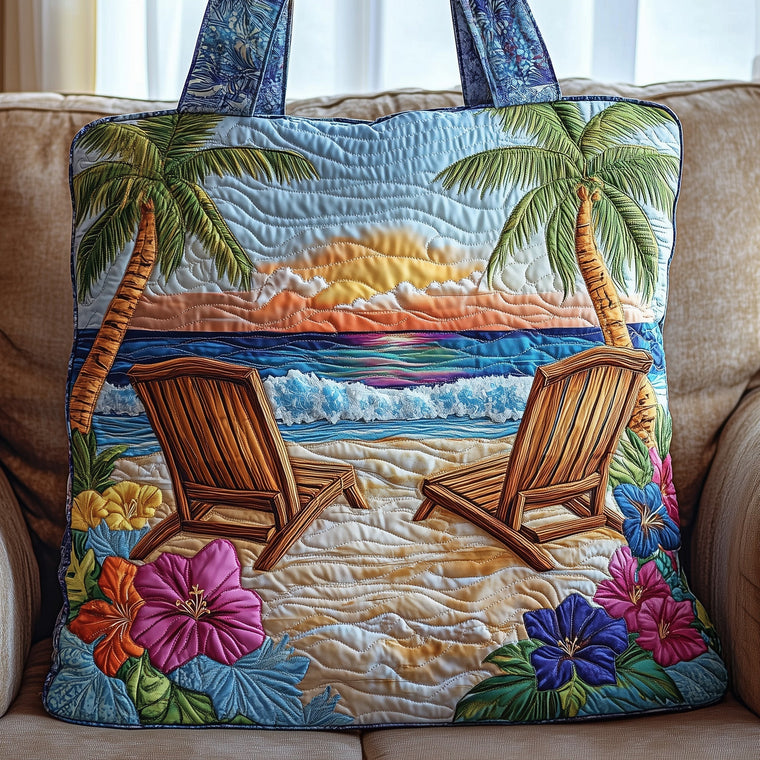 Palm Trees Sunset Beach Quilted Tote