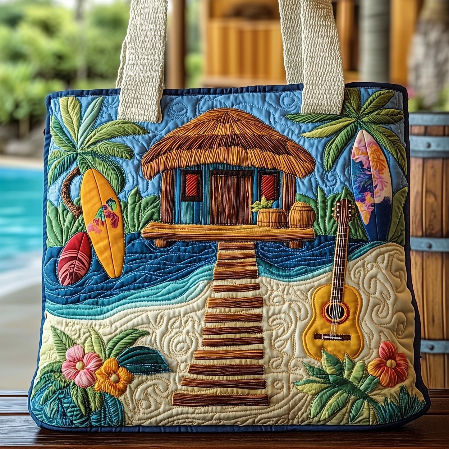 Hibiscus Beach Hut Quilted Tote