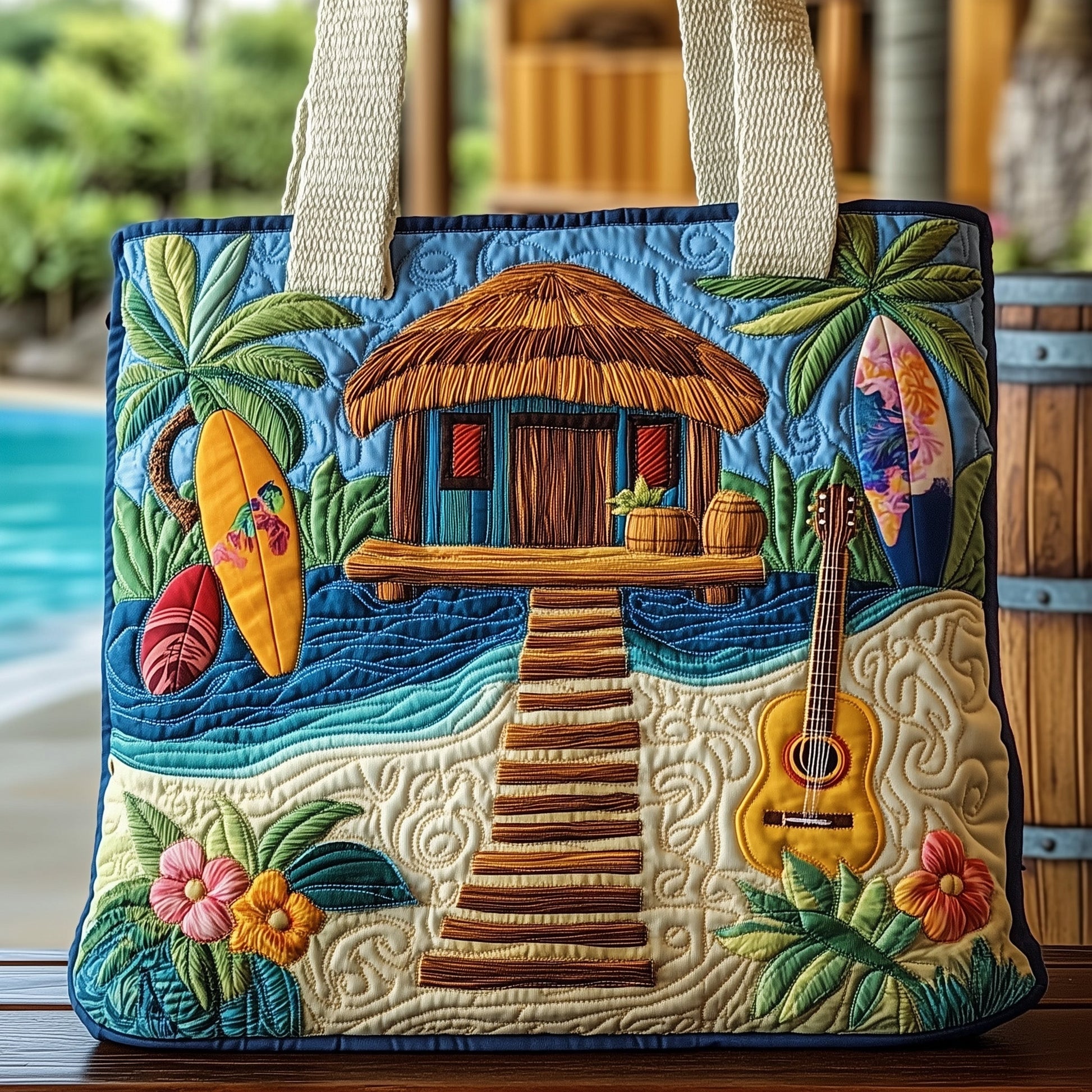 Hibiscus Beach Hut Quilted Tote