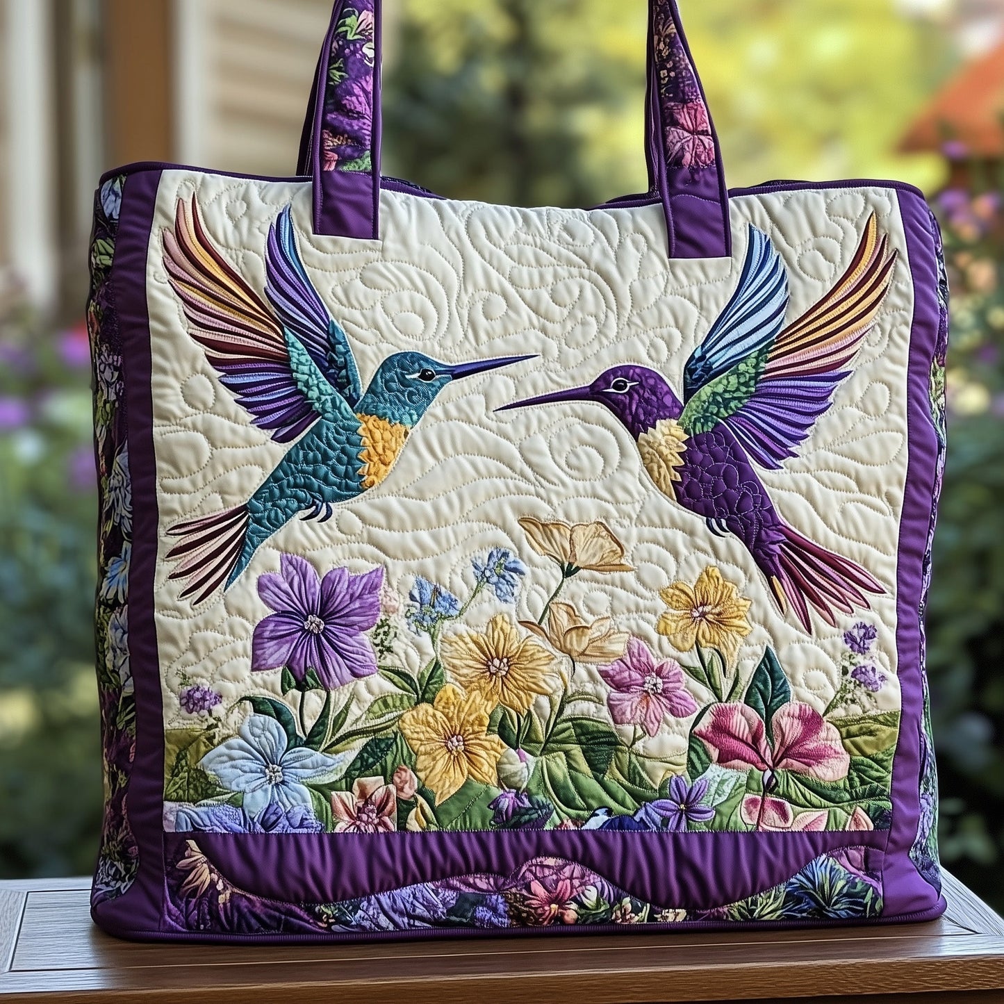 Colorful Hummingbirds Flowers Quilted Tote