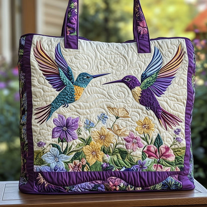 Colorful Hummingbirds Flowers Quilted Tote