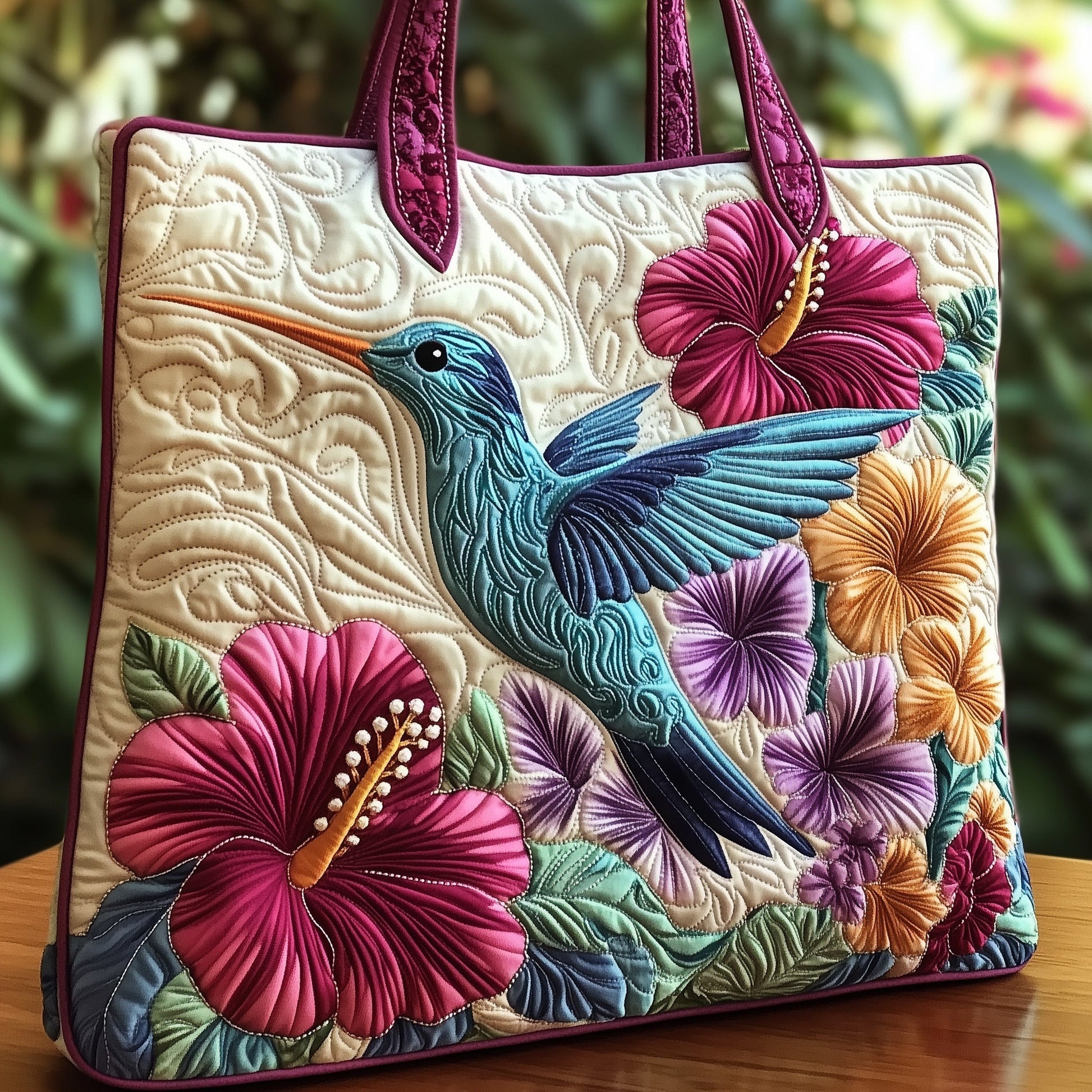 Everyday Hummingbird Flowers Quilted Tote