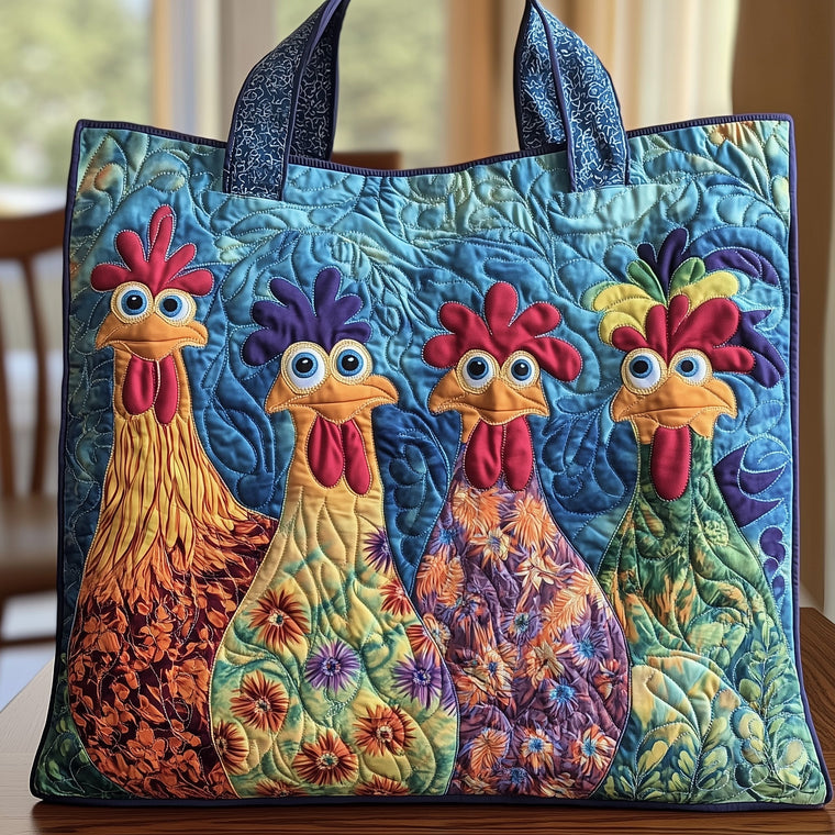 Colorful Cartoon Chickens Quilted Tote