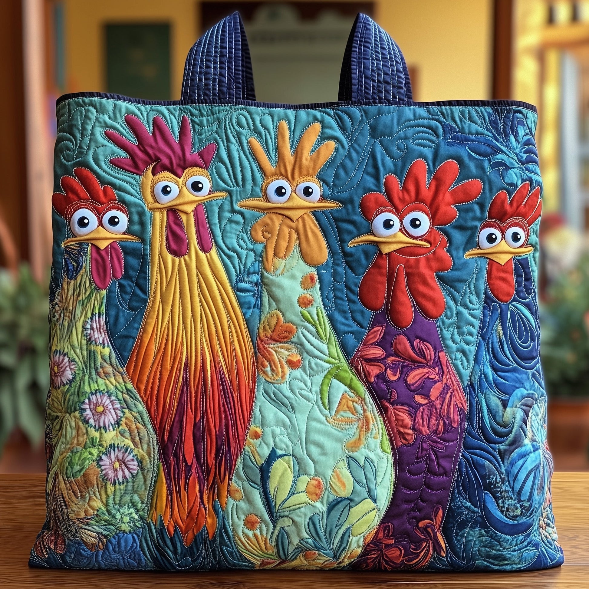 Colorful Chickens Roosters Quilted Tote