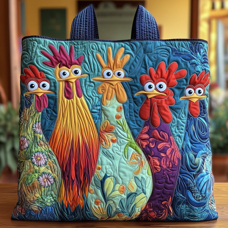 Colorful Chickens Roosters Quilted Tote