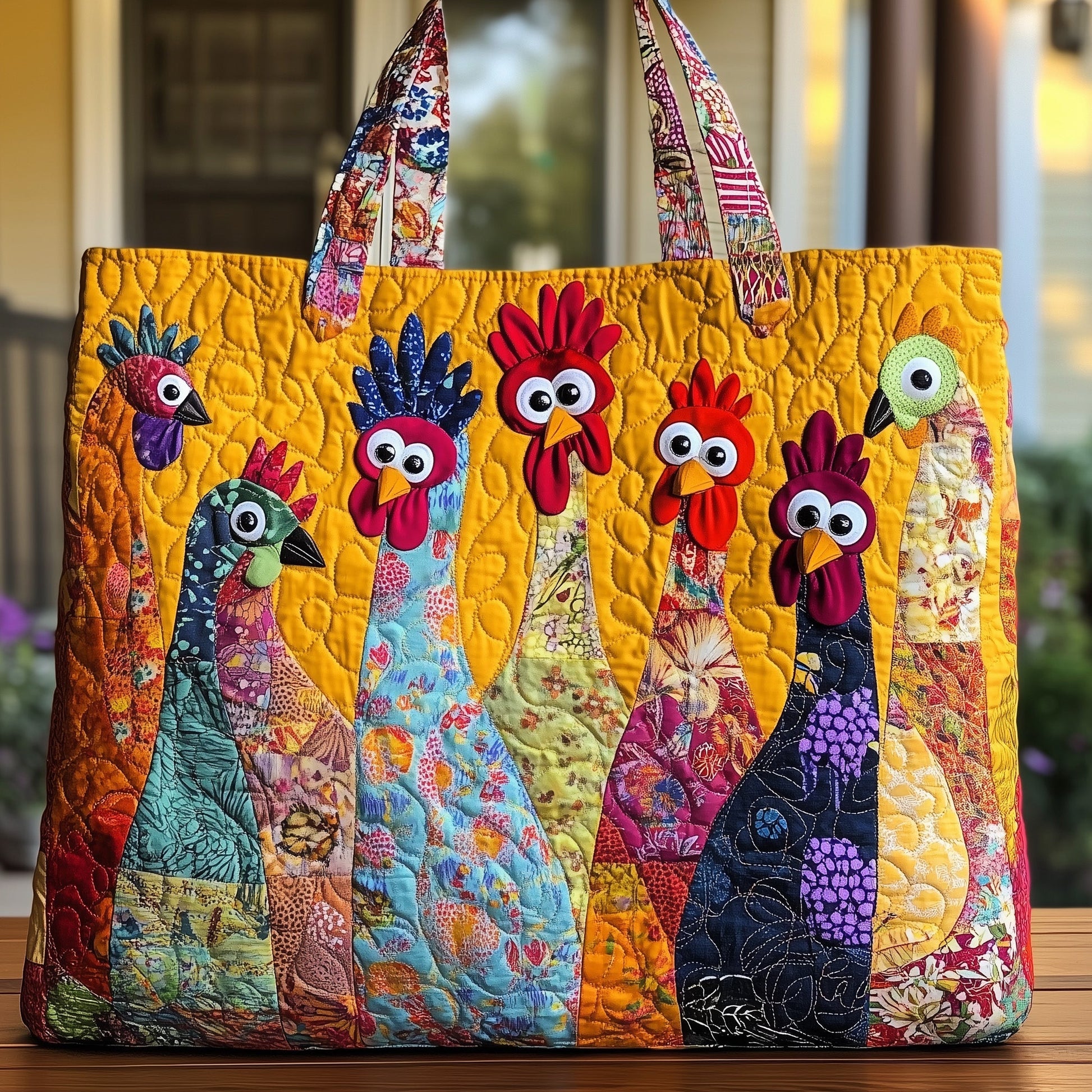 Everyday Colorful Chickens Quilted Tote