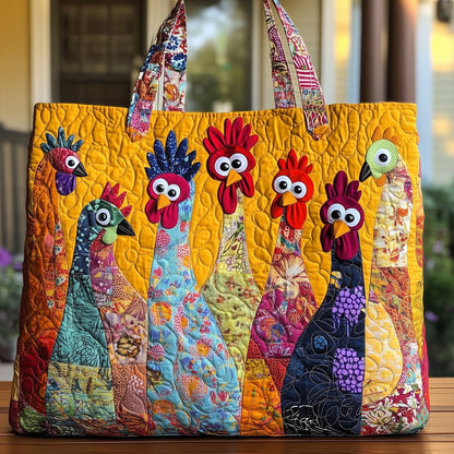 Colorful Chicken Artwork Quilted Tote