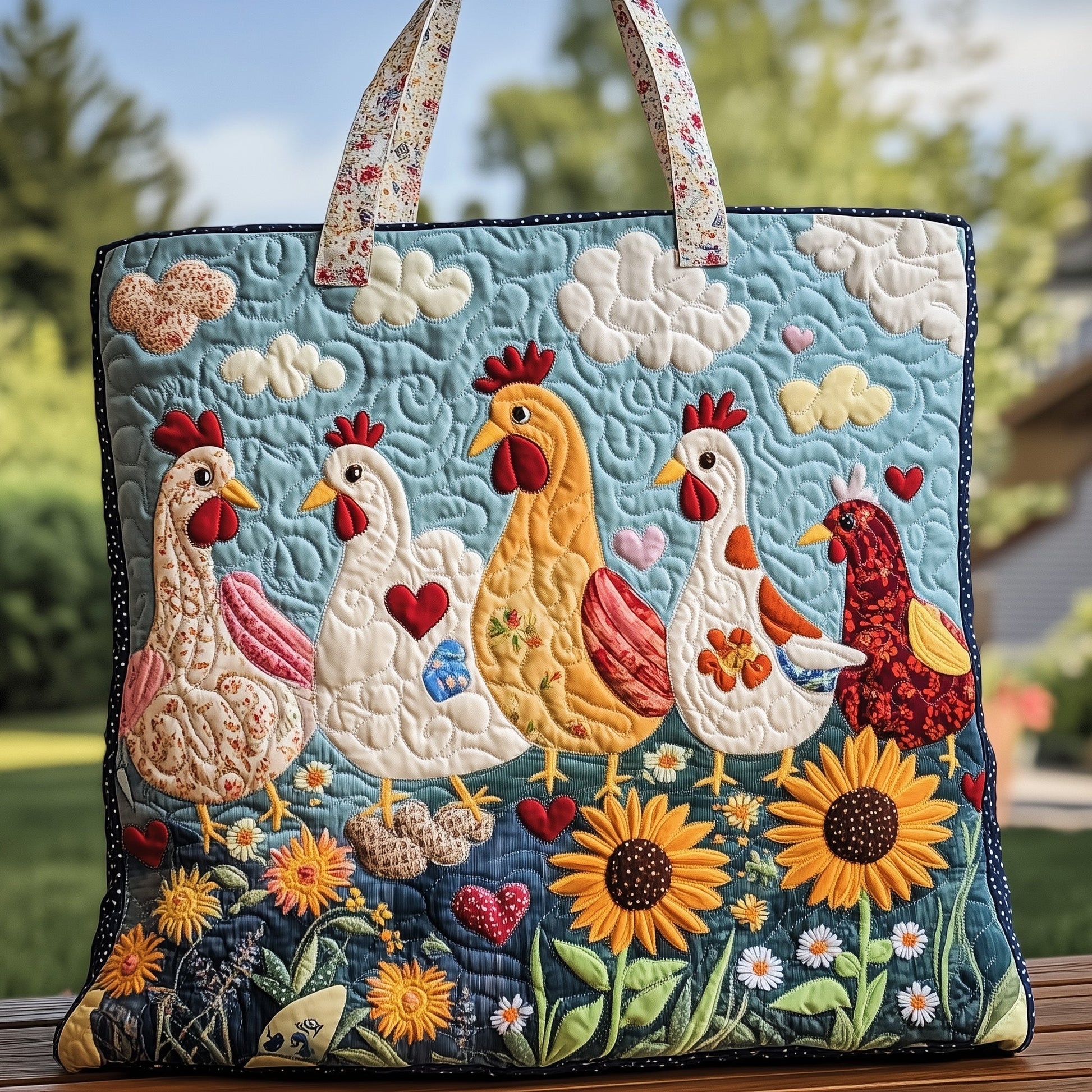 Colorful Chickens Sunflowers Quilted Tote