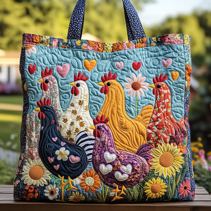 Colorful Chickens Flowers Quilted Tote