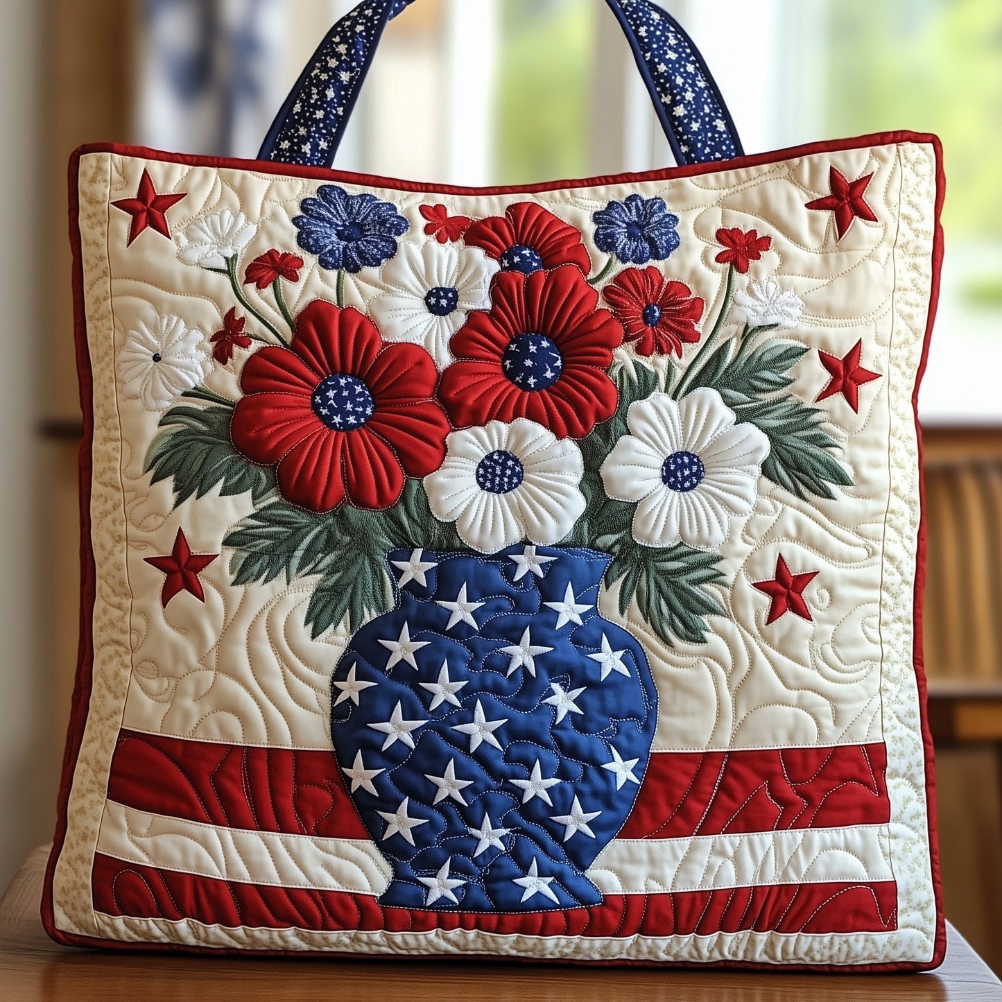 Patriotic Flowers Stars Quilted Tote