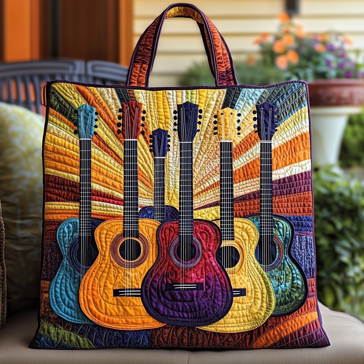 Colorful Guitar Heads Quilted Tote