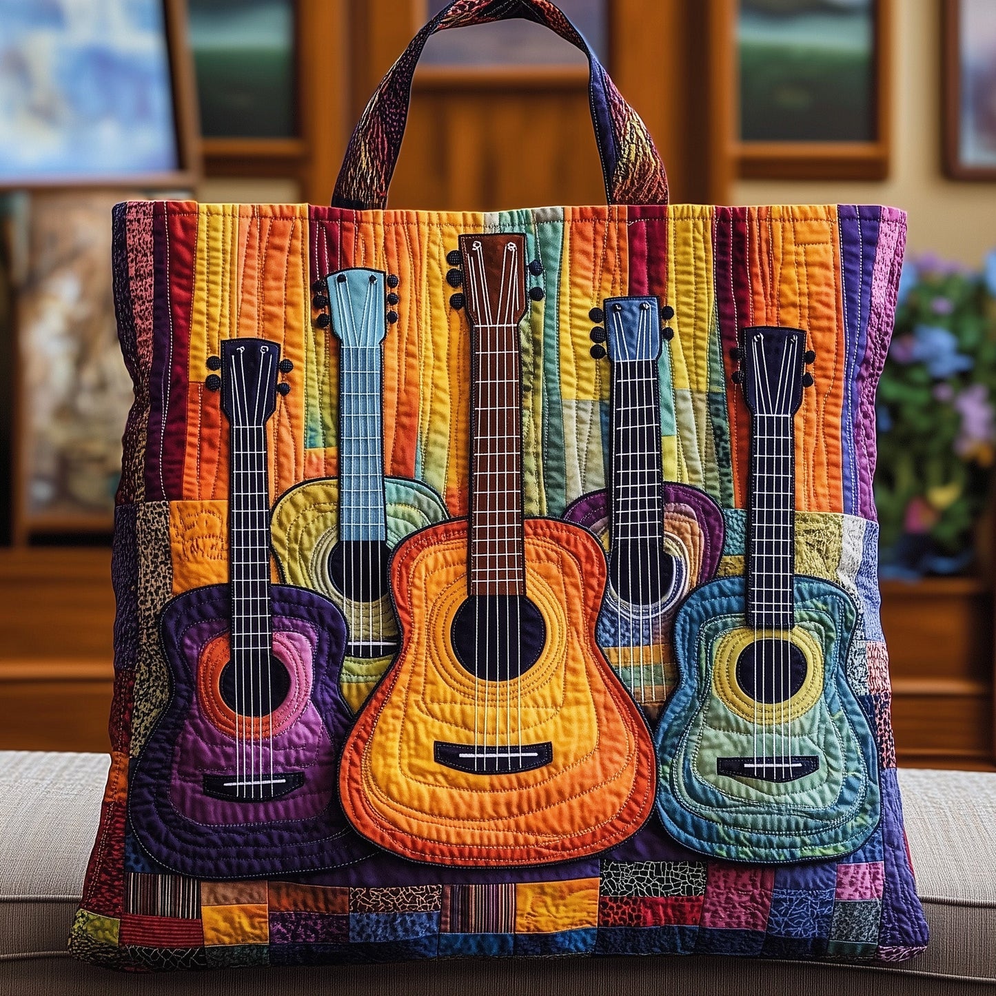 Everyday Colorful Guitars Quilted Tote