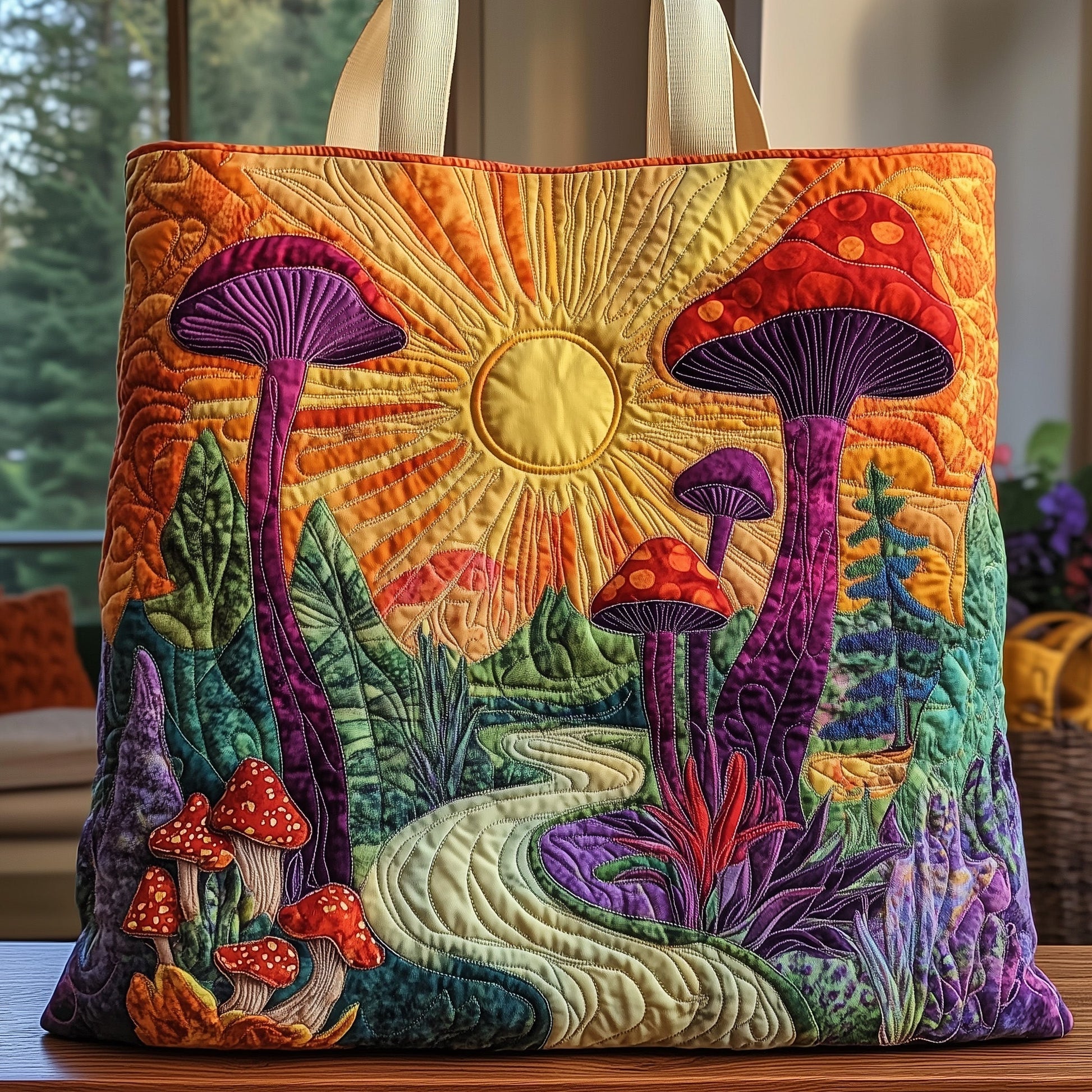 Colorful Mushrooms Sun Quilted Tote