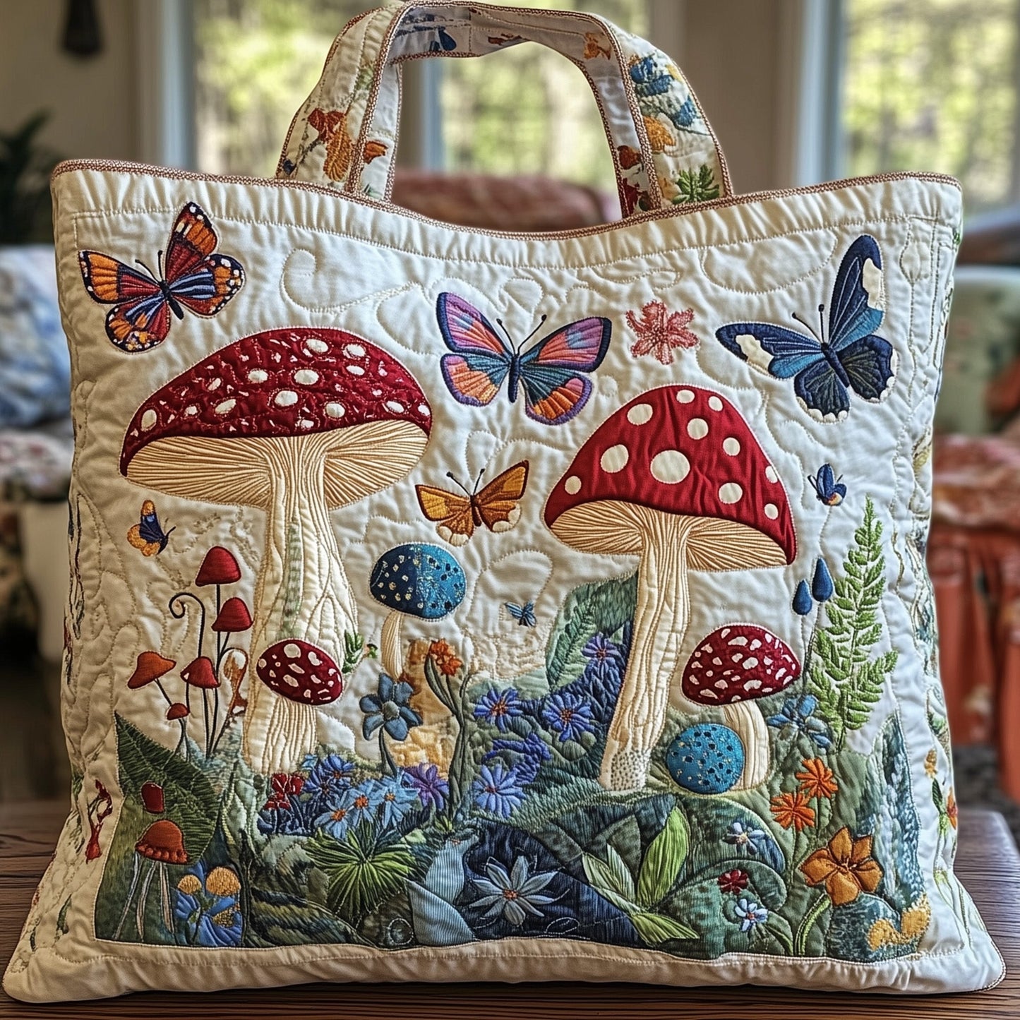 Everyday Mushrooms Butterflies Quilted Tote