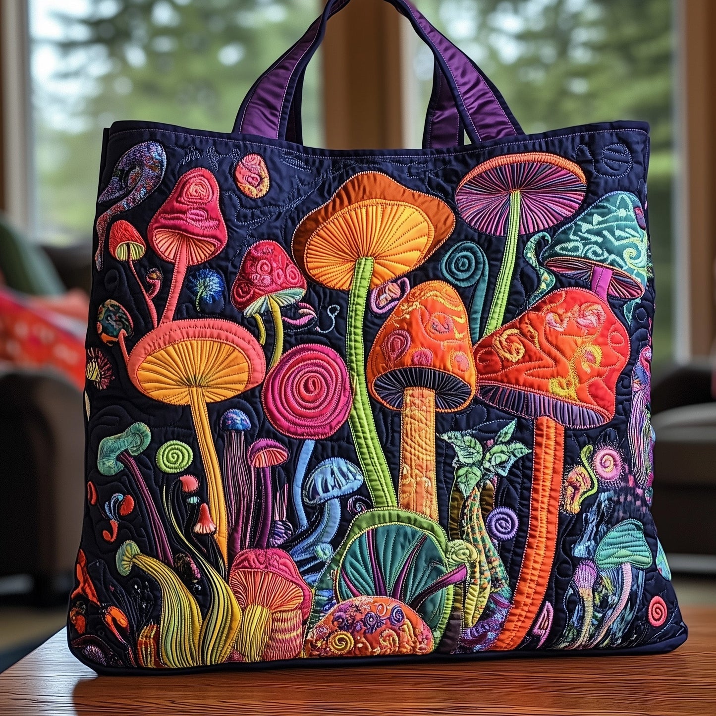 Everyday Colorful Mushrooms Quilted Tote
