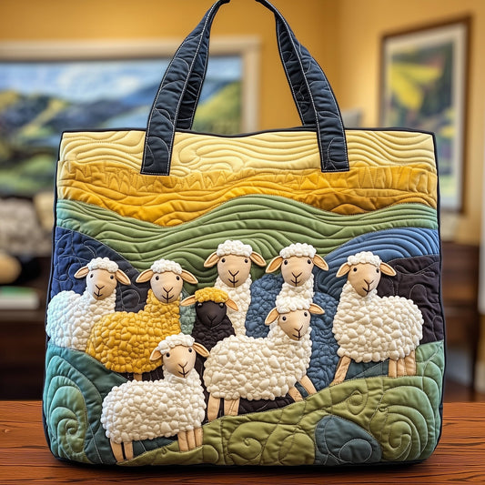 Sheep On Colorful Hills Quilted Tote