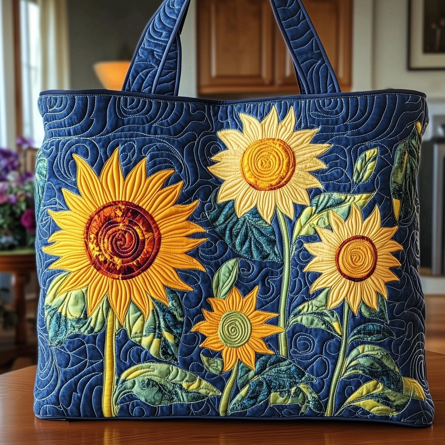 Sunflowers On Navy Quilted Tote