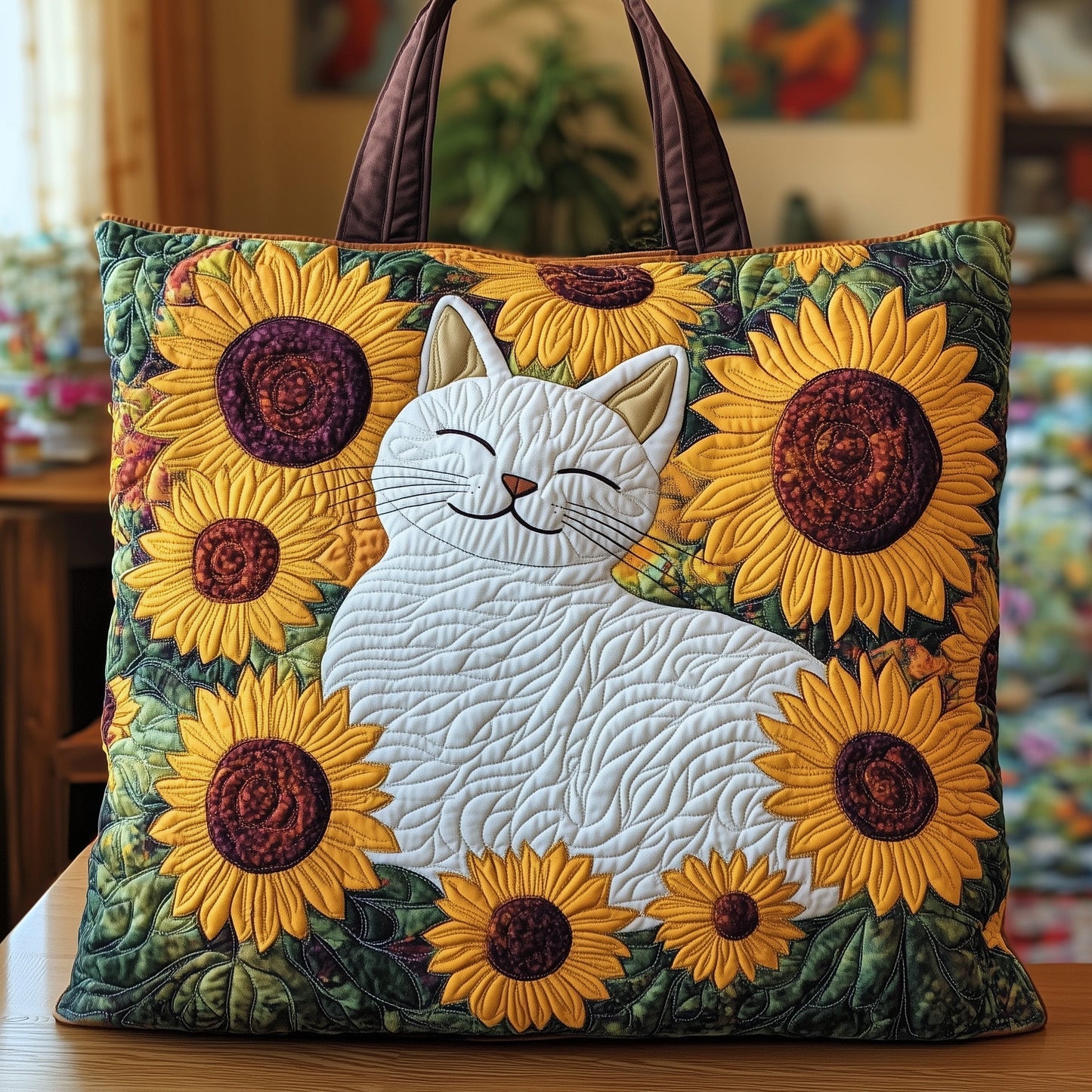 Everyday Cat Sunflowers Quilted Tote