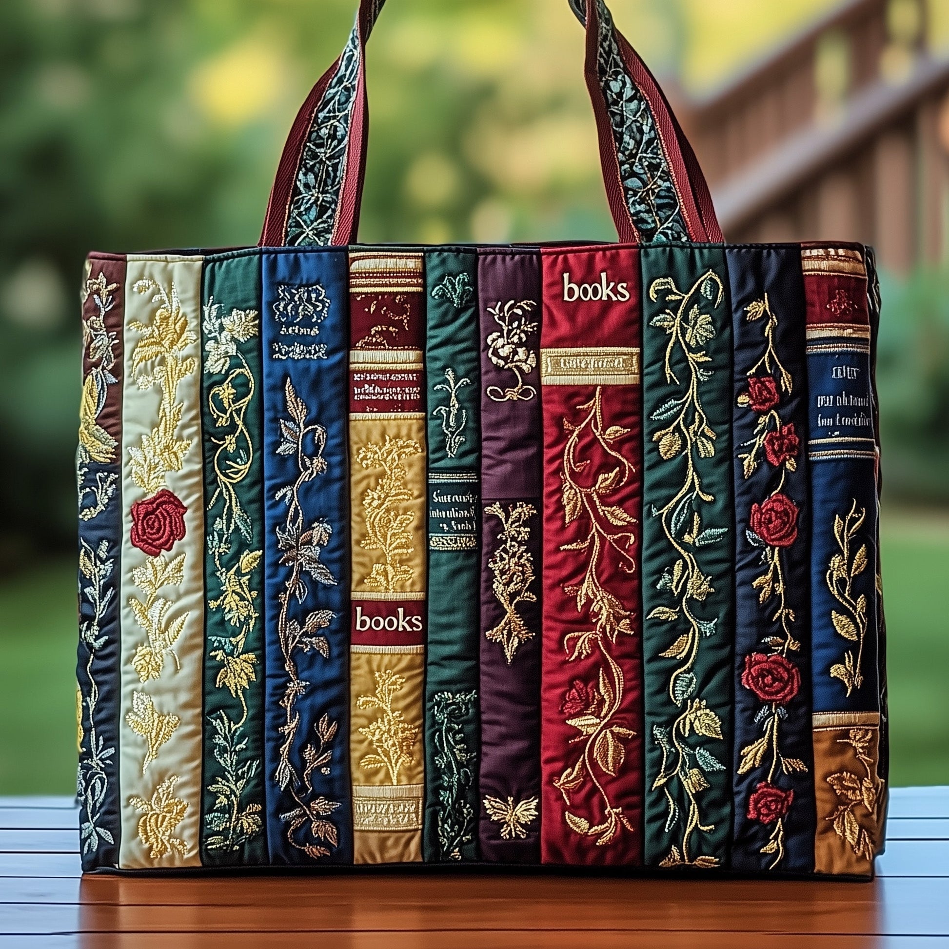 Embroidered Vintage Books Quilted Tote
