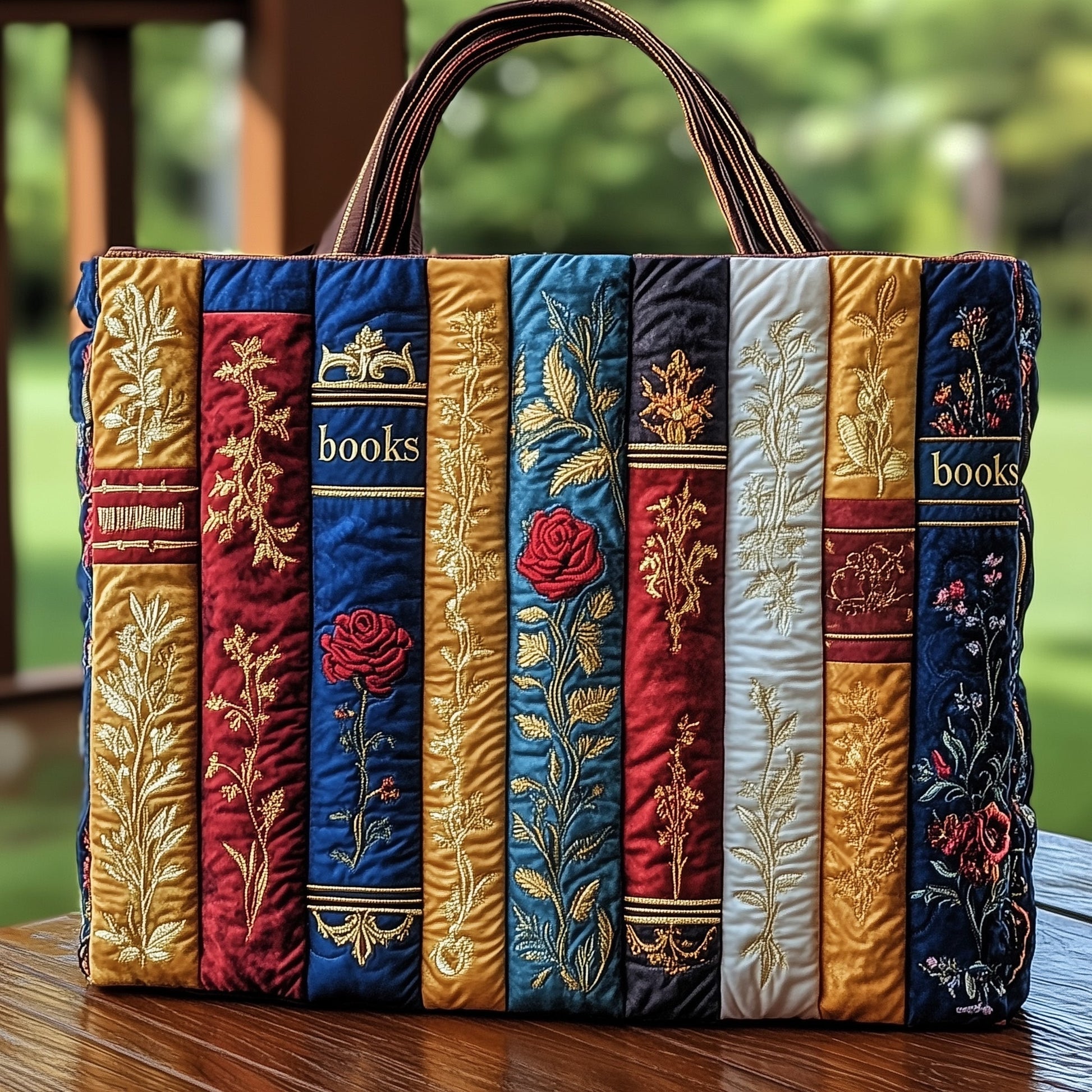 Colorful Embroidered Book Spines Quilted Tote
