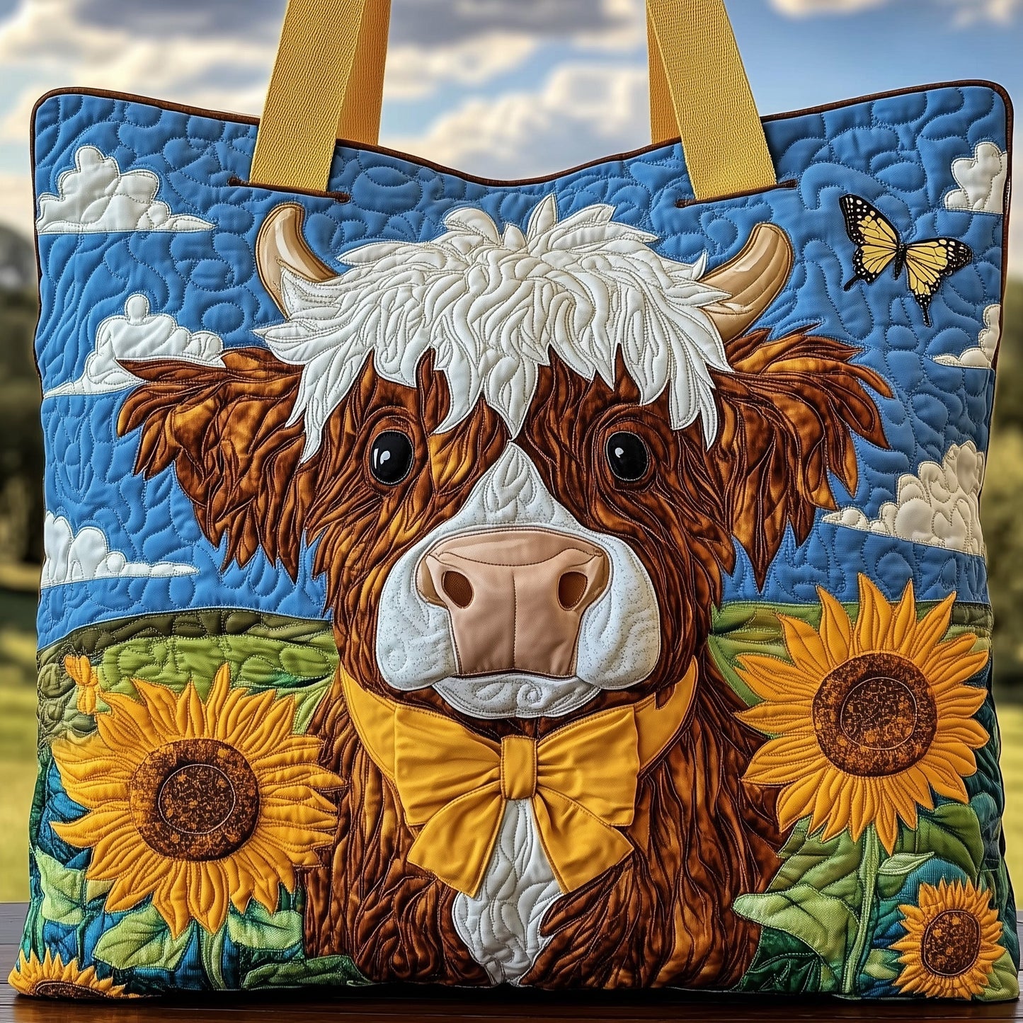 Highland Cow Sunflower Quilted Tote