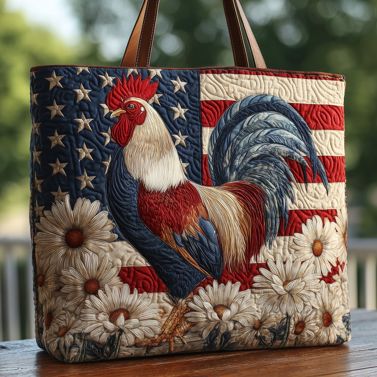 Rooster American Flag Quilted Tote