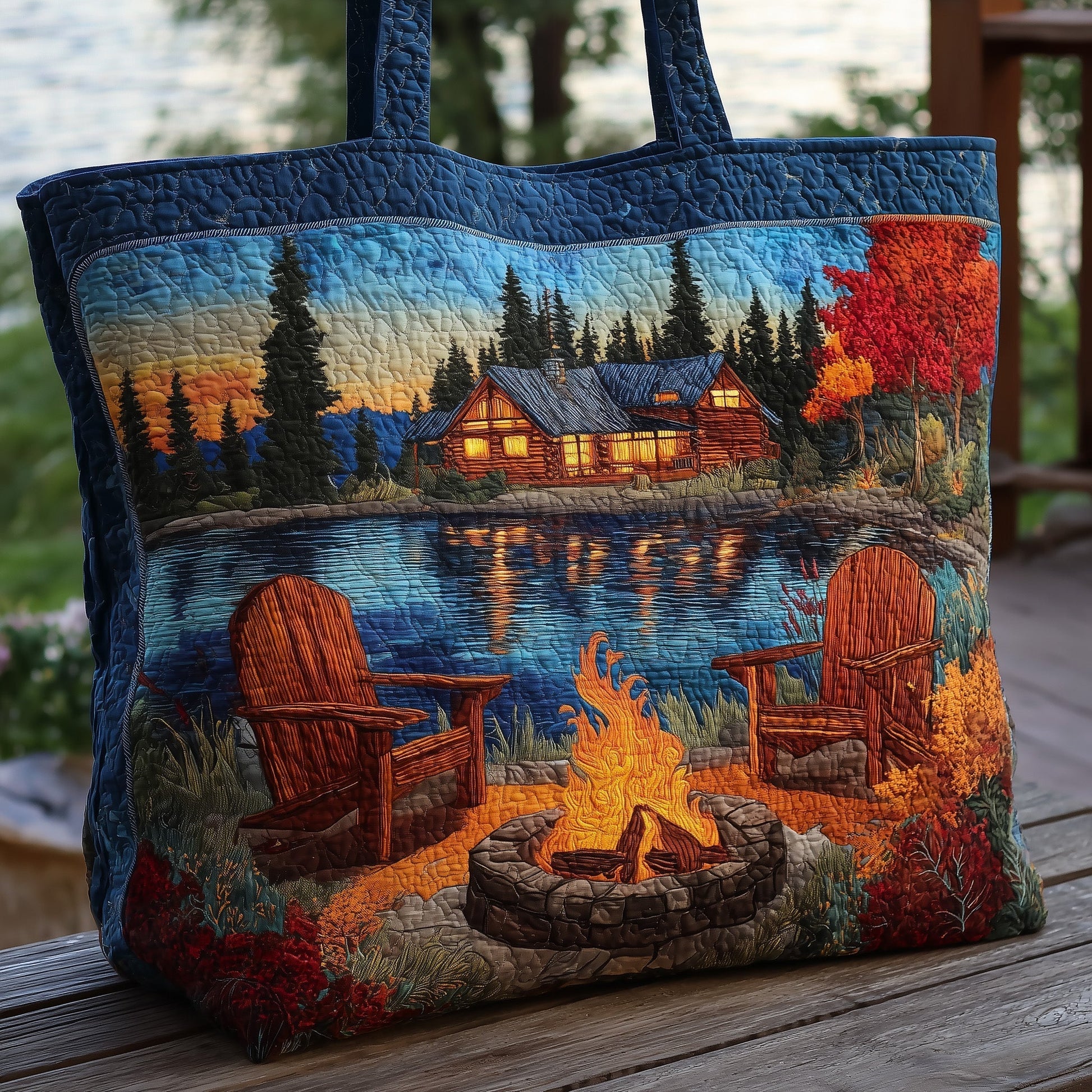 Campfire Cabin Lake Quilted Tote