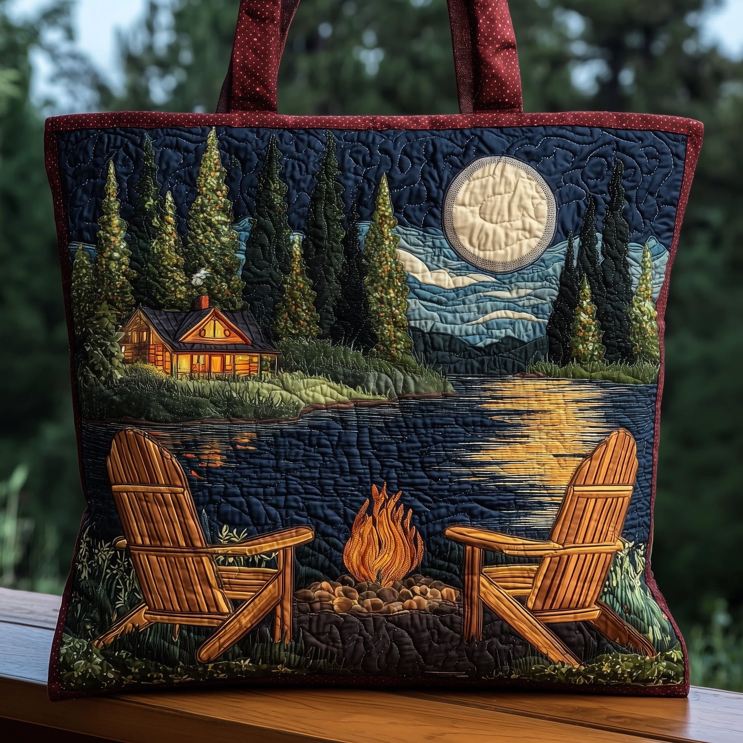 Campfire Lakeside Cabin Quilted Tote