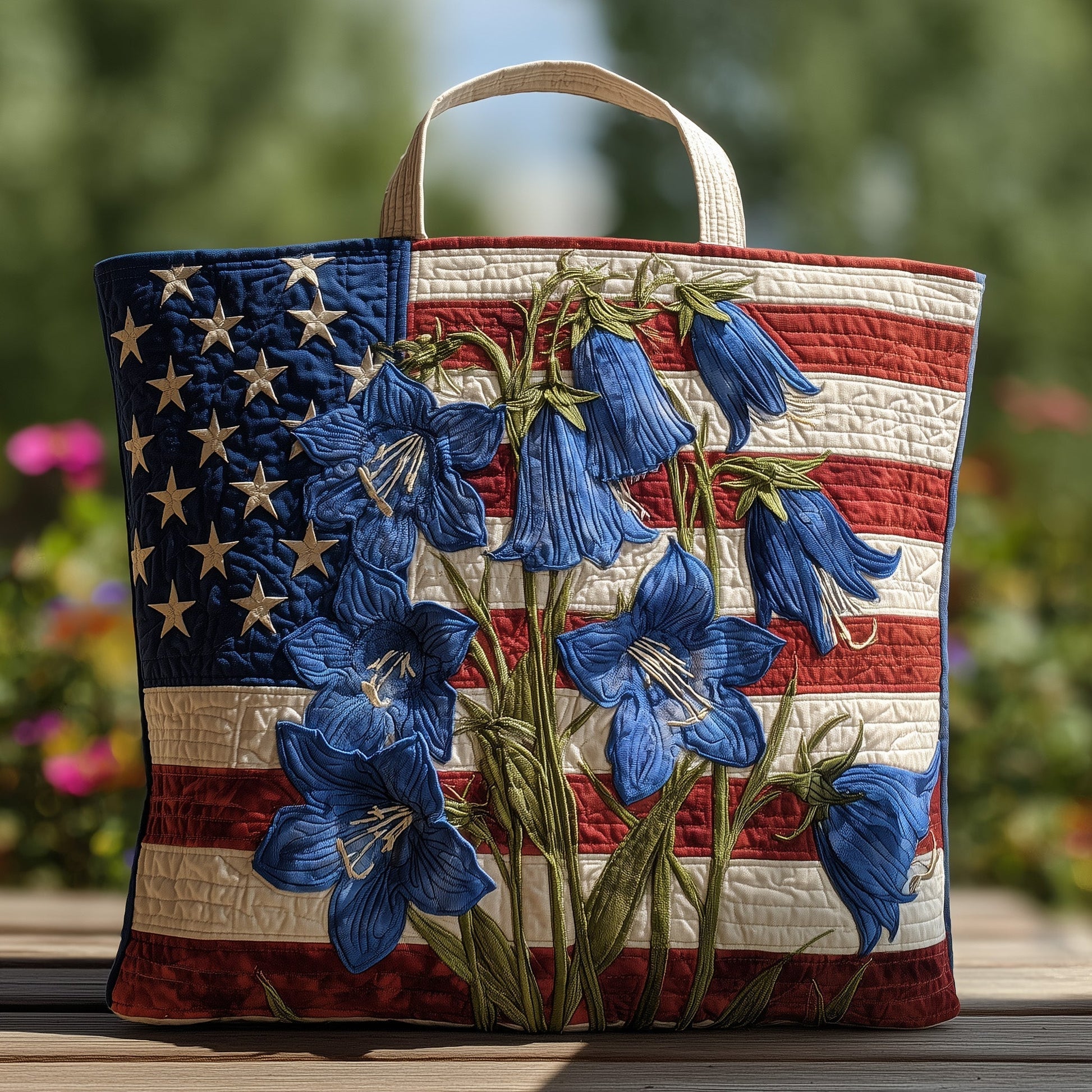 American Flag Blue Flowers Quilted Tote
