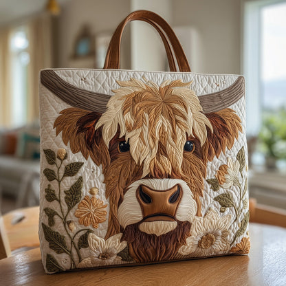 Highland Cow Portrait Quilted Tote