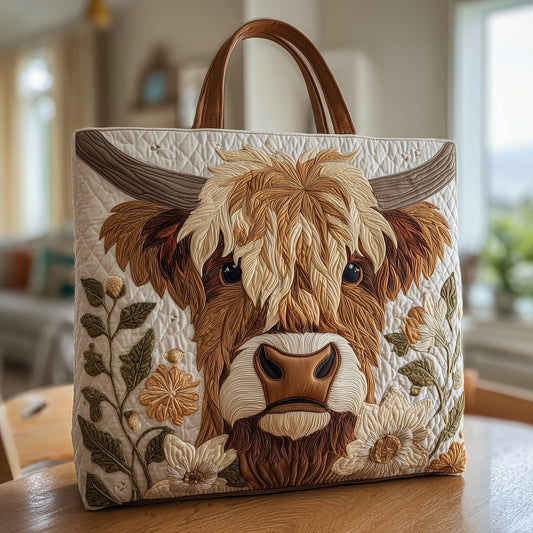 Highland Cow Portrait Quilted Tote