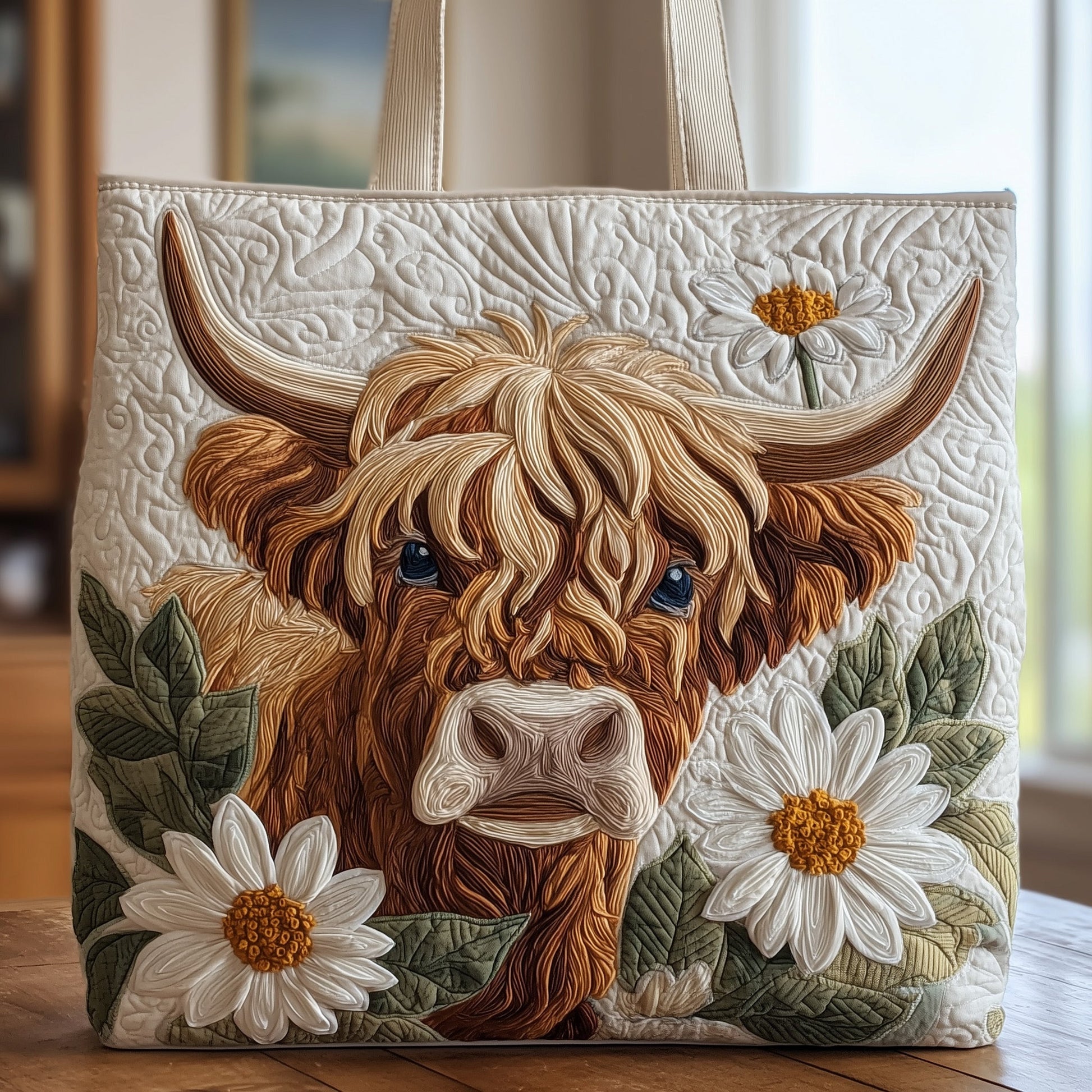 Highland Cow Daisies Quilted Tote