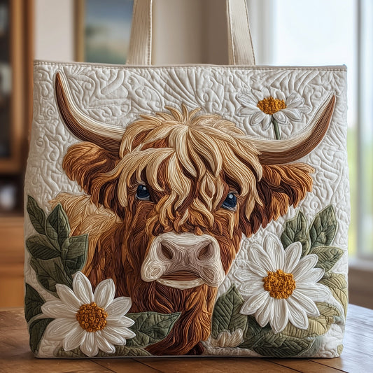 Highland Cow Daisies Quilted Tote