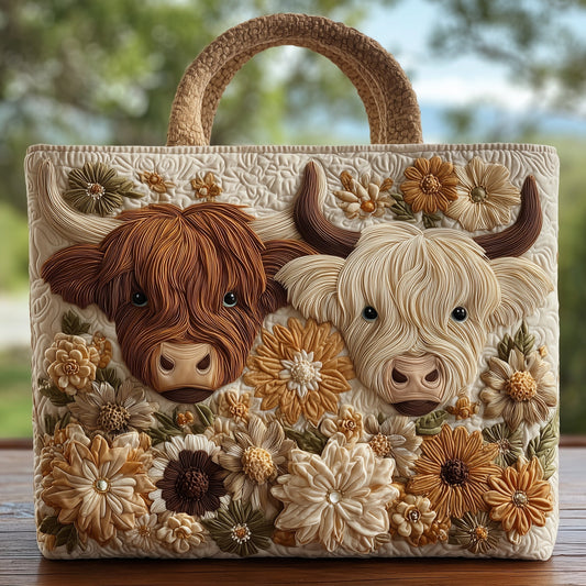 Highland Cow Floral Quilted Tote