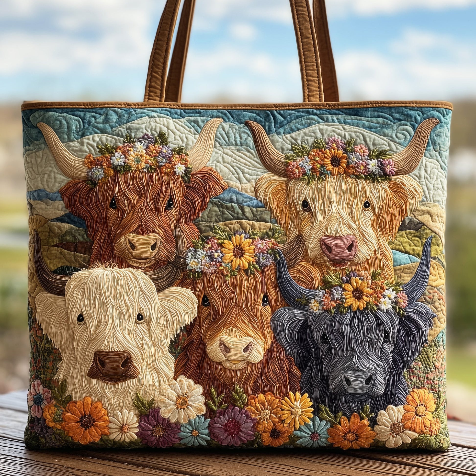 Highland Cows Flowers Quilted Tote