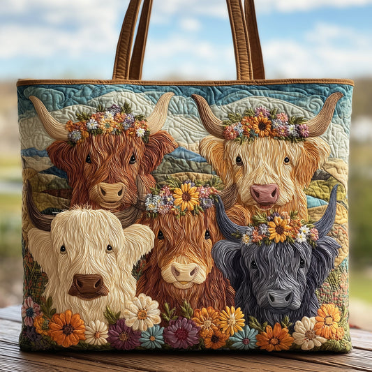 Highland Cows Flowers Quilted Tote