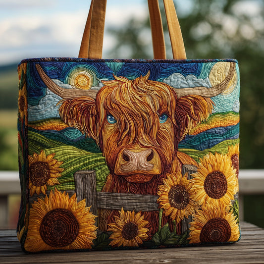 Highland Cow Sunflowers Quilted Tote