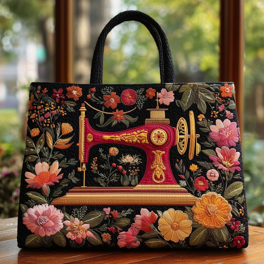 Vintage Sewing Machine Embroidery Quilted Tote