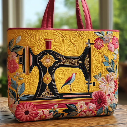 Vintage Sewing Machine Flowers Quilted Tote