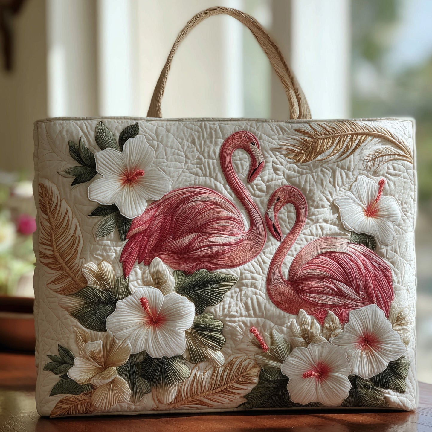 Flamingos Tropical Flowers Quilted Tote