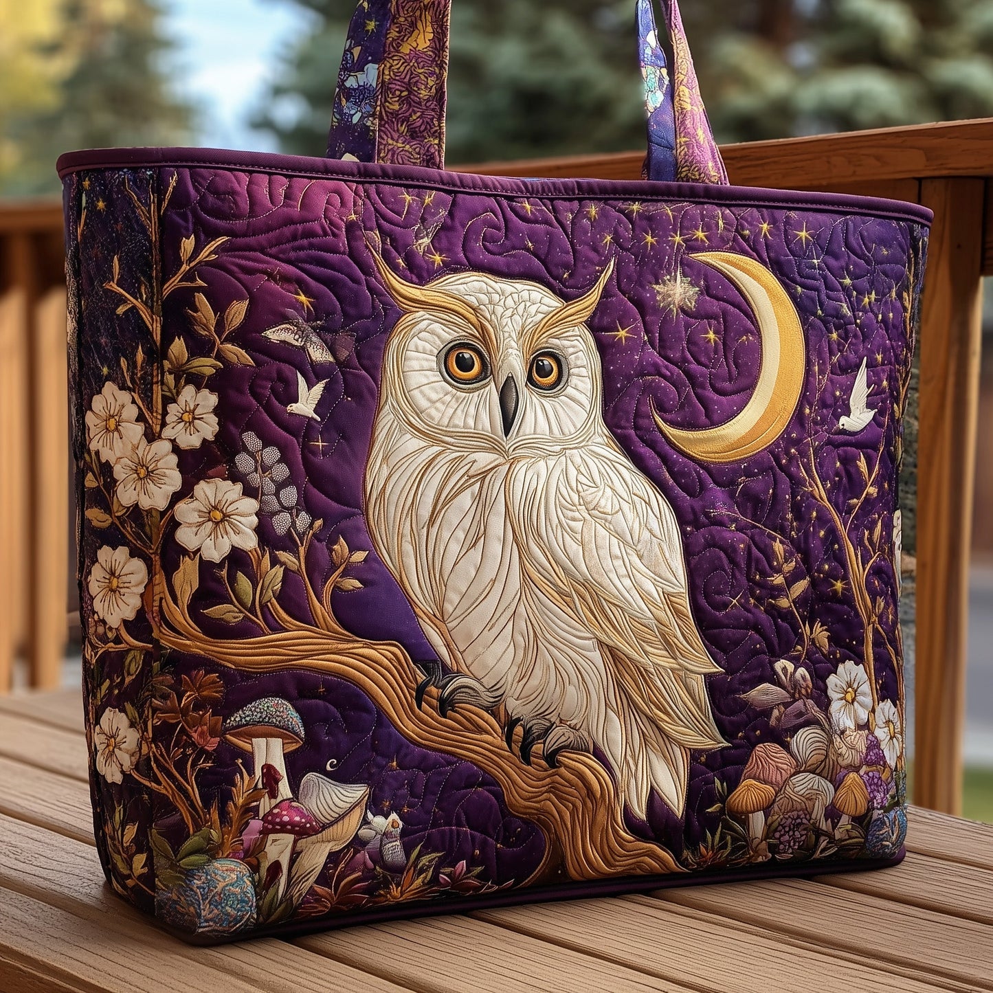 Owl Moon Flowers Quilted Tote